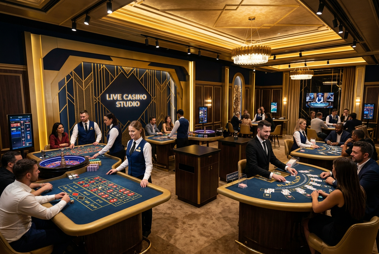 Ένα υπερσύγχρονο στούντιο live casino με τραπέζια ρουλέτας και επαγγελματίες κρουπιέρηδες.